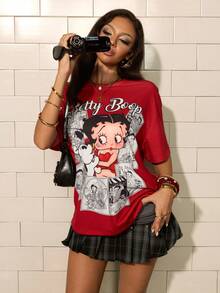 Betty Boop x SHEIN 女款字母印花圓領休閒T恤 - 紅色 - 查看 1