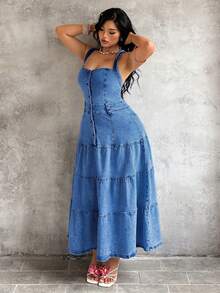 Sunnyshic Plus Size Women's Button Ruched Casual Daily Denim Dress - Blue - View 5