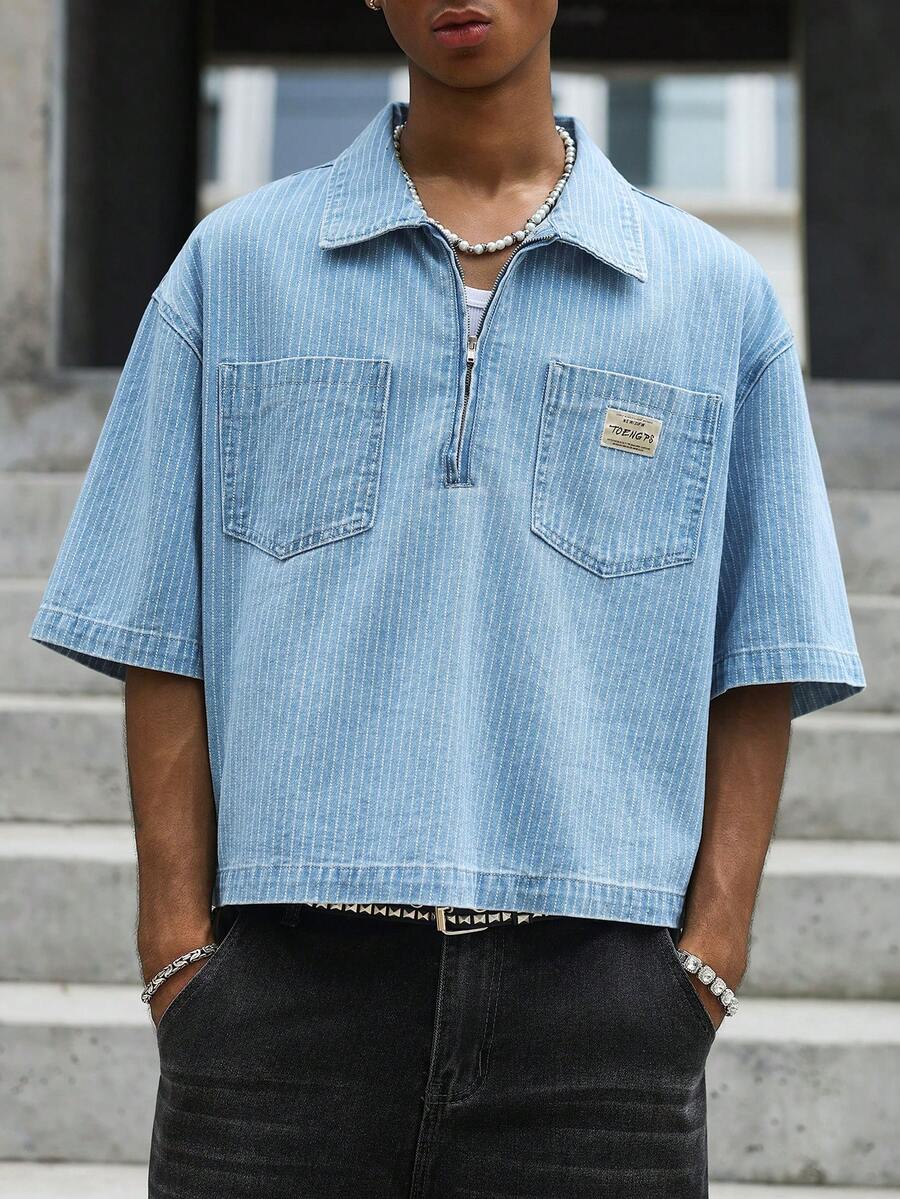 GALLERY FADE 男士街頭風休閒多口袋拉鍊套頭藍色條紋牛仔短袖襯衫 - 淺色水洗藍 - 查看 1