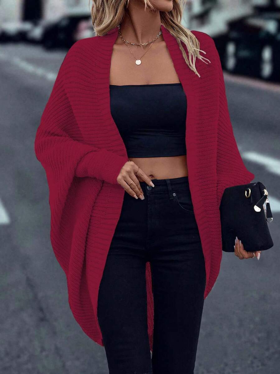 EMERY ROSE 女款休閒純色蝙蝠袖長袖開襟衫 - 酒紅色 - 查看 1