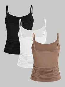 SHEIN 驚喜禮盒 [隨機 6 件商品，發送 3 件]青少年女孩背心與細肩帶背心，休閒舒適抓皺腰細肩帶背心，3 件套組 - 彩色 - 查看 2