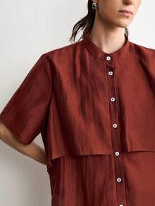 Aalyst French Style High-End Stand Collar Single-Breasted Design Short Sleeve Red-Brown Shirt Loose Fit Elegant Slimming Top - Rust Brown - View 6