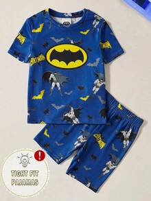 BATMAN X SHEIN 85th 小男孩卡通與字母印花圓領短袖上衣短褲家居服套裝 - 藏蓝色 - 查看 1