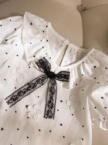 SHEIN Genkimix Kids Young Girls V-Neck Ruffle Puff Short Sleeve Front Lace Bow Hem Embroidered Simple Versatile Pastoral Academy Fashion Blouse,Back-To-School Autumn - Blue and White - View 4