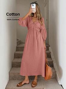 SHEIN LUNE V領蝴蝶結燈籠袖抓皺腰A字傘裙雙層克ريب棉布休閒寬鬆通勤老錢風女款長洋裝 - 紅木色 - 查看 3