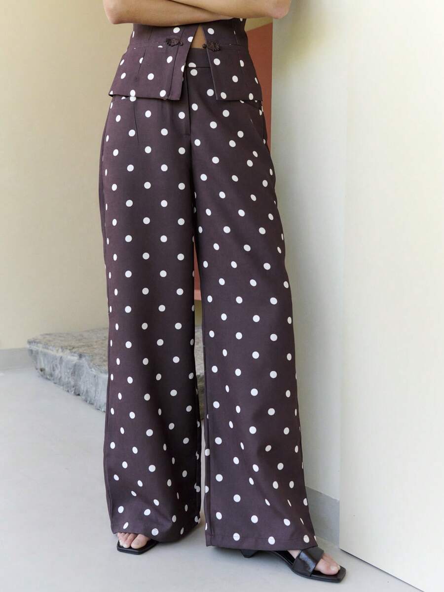 Nöista Polka Dot Wide-Leg Trousers With High Waist For Casual Summer And Vacation Styling - Brown - View 1