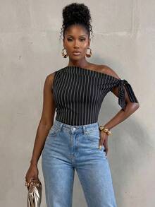 BamGlimmer Summer Oversized Sexy Rave Design Black And White Striped Sleeveless Asymmetrical Blouse For Women Vacation Club Night Out Date Night - Black and White - View 6
