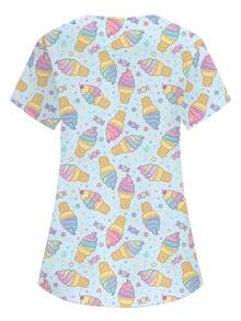 PopScrub Women's Blue V-Neck Short Sleeve Double Pocket Cute Cartoon Pattern, Cute Ice Cream Print, Nurse Doctor Work Uniform Top, Health Checkup Surgical Scrub Uniform, Pet Grooming Work Uniform Top, Nutritionist Workwear Short Sleeve, Laboratory Workwear, Multi-Pocket Functional Workwear, Functional Women's Holiday Clothing, Cute - Blue - View 2
