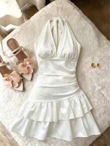 Franclia Women's Solid Color Tie-Up Short Dress Wedding Party Night Out White Summer Elegant Sexy - Beige - View 6