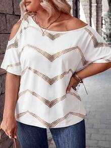 EMERY ROSE Camiseta de talla grande de corte holgado con hombro asimétrico, base blanca y estampado de ondas doradas, estilo casual básico de moda - Multicolor - Ver 3