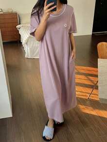 DAZY Women's Long T-Shirt Style Dress With Print, Contrast Color And Contrast Stitch Design, Loungewear - Pink - View 3