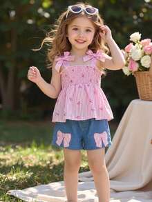 SHEIN Playful Pals 2件套 女童休闲通勤甜美风蝴蝶结吊带背心和花卉刺绣短裤，春夏款 - 粉色 - 查看 8