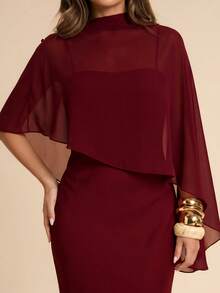 SHEIN BAE Spring/Summer Red Wine Satin Chiffon Shawl 2 Pieces Dress, Luxury Elegant Evening Gown Wedding Formal Mother Of The Bride Professional - Burgundy - View 7