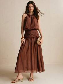 CielaLinda Women's Chiffon Halter Camisole And Skirt Two Pieces Set - Brown - View 4