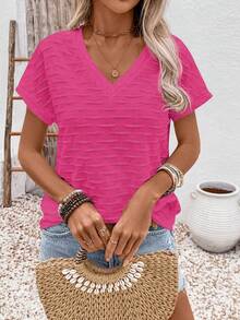 EMERY ROSE Camiseta de manga corta de unicolor con cuello en V, casual y versátil para uso diario para mujer - Rosa Fucsia - Ver 7