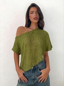 Aloruh Women's Solid Color Asymmetrical Shoulder Casual Versatile Daily Wear Top,Summer Top - Army Green - View 4