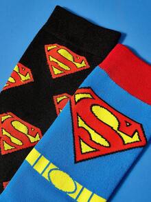SUPERMAN X SHEIN 2雙女款字母圖案時尚筒襪，適合日常穿著 - 彩色 - 查看 3