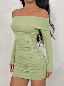 SHEIN PETITE Vestido midi ajustado de manga larga con volantes y hombros descubiertos de unicolor para mujer,vestidos de verano para mujer,mujeres de talla pequeña - verde menta - Ver 3