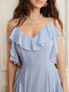 Revavyn Long Dress Slim Fit High Waist Chiffon Spaghetti Straps V Neck Draped Ruffles Elegant Romantic Blue Plain Elegant Dresses For Party Summer Holiday - Blue - View 2