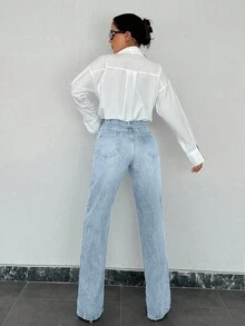 100%Cotton Split Hem Straight Leg Jeans - Baby Blue - View 2