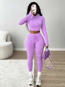 SHEIN Core Rhythm 女款純色連帽蝴蝶結綁帶長袖上衣與修身長褲針織運動兩件套 - 紫色 - 查看 3