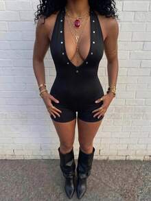 Jeanoix Women's Sexy Halter Deep V-Neck Beaded Romper Club Night Out Black Summer - Black - View 1