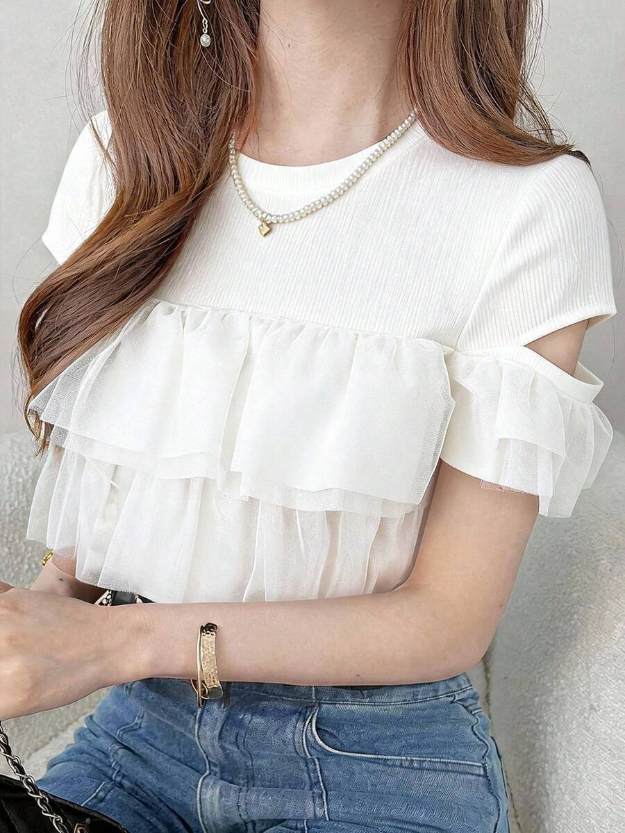 FRIFUL Women's Summer Casual Solid Color Mesh Patchwork T-Shirt - White - View 1