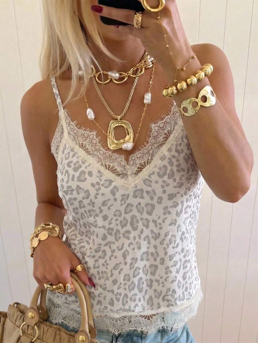 SHEIN EZwear 豹纹衬衫,优雅女士衬衫,女士优雅纯色蕾丝拼接吊带背心,夏季上衣,适合日常通勤、约会、聚会、秋冬夏三季、圣诞节、新年、感恩节、派对、婚礼、海滩、毕业典礼、时尚、优雅、休闲、外出、约会、预订、通勤、闪亮、情人节、优雅、度假、休闲、Y2K、外出、毕业典礼等场合。 - 彩色 - 查看 1