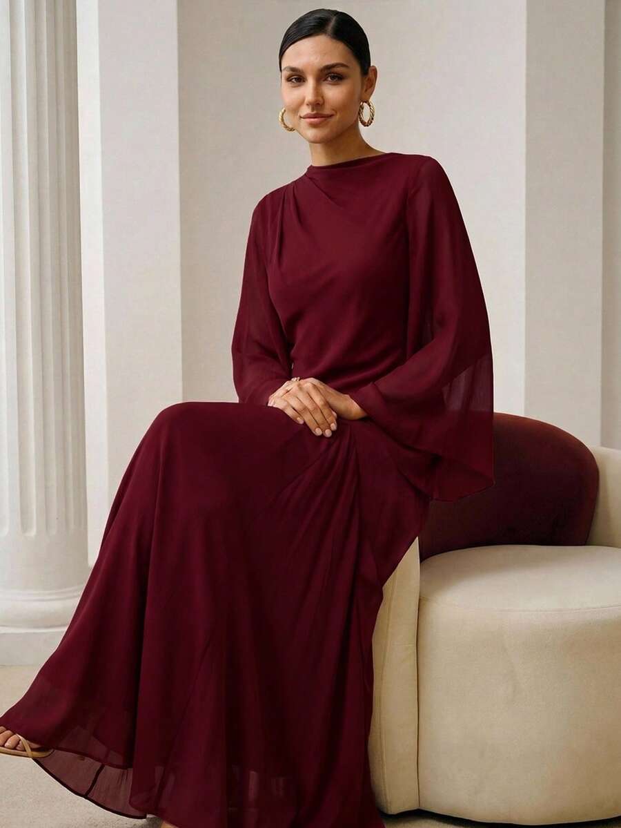 ZEYLAH Asymmetrical Fitted Long Dress With Large Sleeves, Spring - Burgundy - View 1