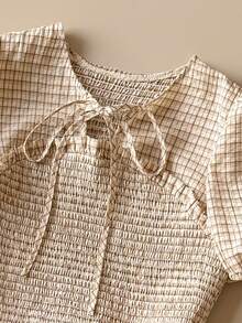 SHEIN Unity Women's Plaid Pleated Casual Versatile Daily Wear Puff Sleeve Top - Apricot - View 5