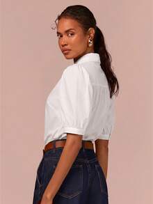 COSMINA Women's High Neck Tie Short Sleeve White Blouse Teachers' Day Office Work Summer Elegant French - White - View 2