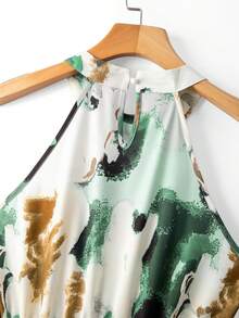 SHEIN Clasi Women's Gradient Dark Green & Brown Digital Print Halter Neck Water Drop Mushroom Button Cinched Cinched Waist A-Line Elegant Vacation Versatile Commute Slimming Dress - Aqua Green - View 8