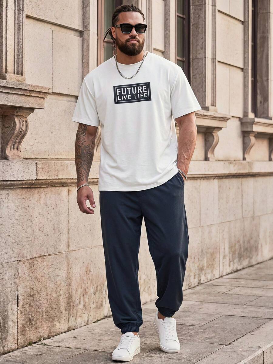 COMVAIL 2pcs/Set Plus Size Men's Casual Short Sleeve T-Shirt And Drawstring Pants Set - Multicolor - View 1