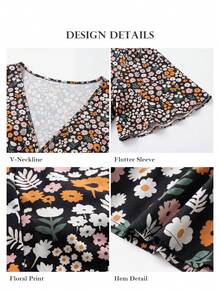 ELLERISSA Plus Size Multicolor Mixed Ditsy Print V-Neck Short Sleeve Tea Dress - Multicolor - View 7
