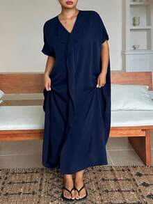 Dazy Plus Plus Size Women Solid Color Frill Trim Pullover Loose Long Nightgown Spring Summer Loungewear Dress Pajamas - Navy Blue - View 8