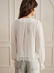 Revavyn Women's Blouse Loose Fit Bubble Sleeve Lightweight Textured Lace V-Neck Ruffle Spliced Edge Front Pleated Detail Elegant Romantic Bohemian White Solid - White - View 4