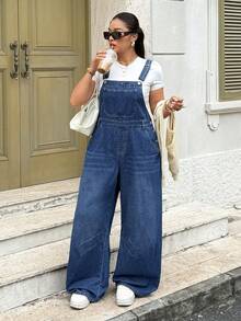 Rivivi Plus Size Women's Summer Curved Leg Denim Overalls Vacation Dusty Blue Casual Traditional Formal - Dark Wash - View 4
