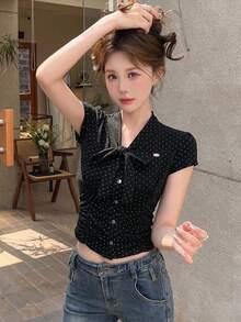 DAZY 女童韓式波點圓領短袖T恤，春夏款 - 黑色 - 查看 7