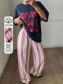 Livesso 女款夏季休閒字母卡通印花T恤與寬鬆條紋睡褲家居服套裝 - 藍色 - 查看 1