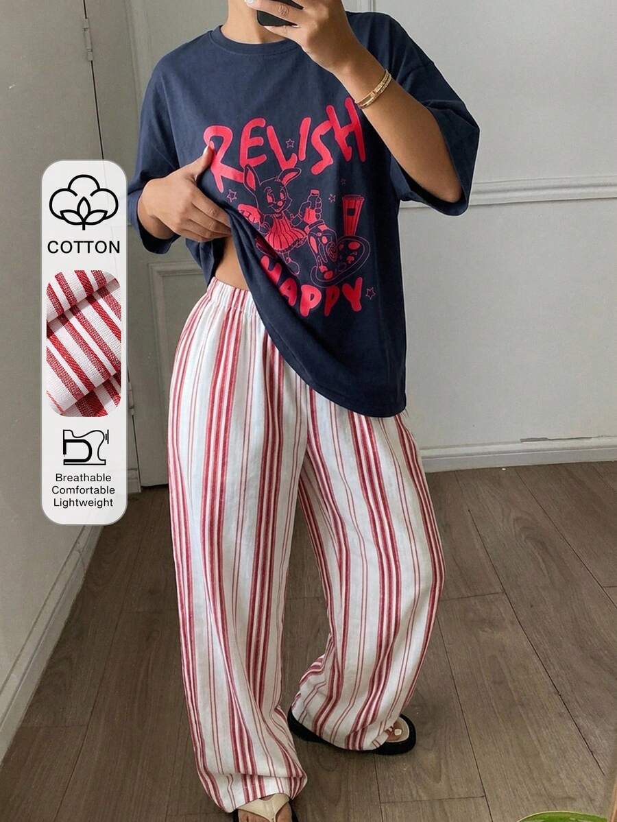Livesso 女款夏季休閒字母卡通印花T恤與寬鬆條紋睡褲家居服套裝 - 藍色 - 查看 1