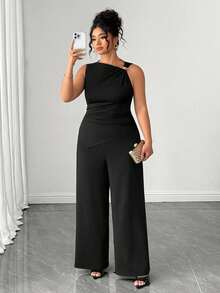 Elenzga Plus Size Women's New Black Sleeveless Asymmetric Shoulder Decor Button Waist Ruched Top And Wide Leg Pants Casual Versatile 2-Piece Set - Black - View 3