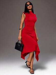 Radiana Women's Summer Casual Sexy Minimalist Elegant Red Fitted Asymmetrical A-Line Mid-Length Waist-Cinching Business Dress Knit Fabric Bar Party - Red - View 1