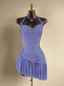 SaltGleam SaltGleam Women's Solid Color Ruched Sexy Date Night Out Party Mini Halter Dress Light Blue Lace Summer - Purple - View 4