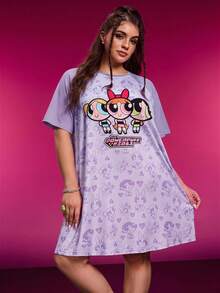 THE POWERPUFF GIRLS X SHEIN 大尺碼女款字母卡通印花休閒日常居家短袖睡裙 - 紫色 - 查看 3
