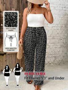 SHEIN PETITE CURVE 大码夏季碎花直筒裤 - 黑色 - 查看 1