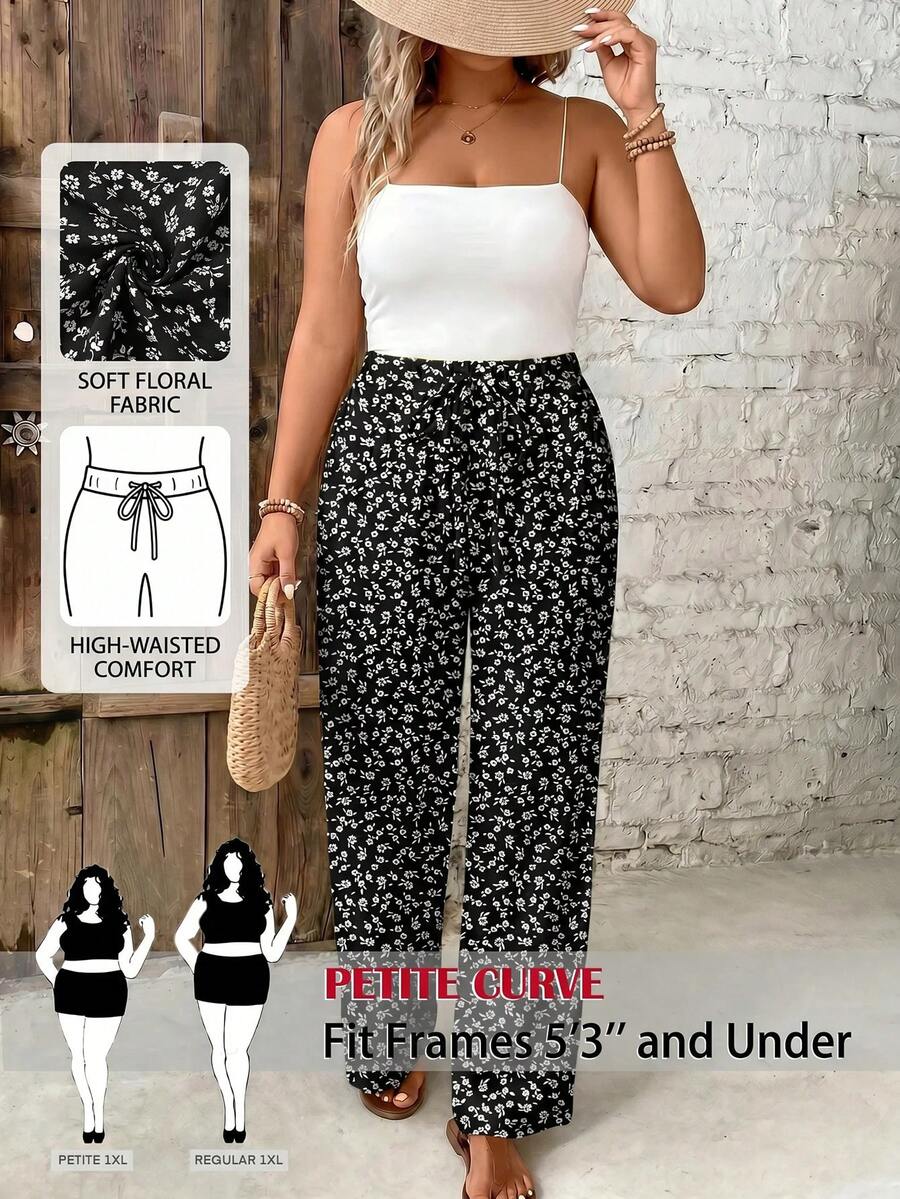 SHEIN PETITE CURVE 大码夏季碎花直筒裤 - 黑色 - 查看 1