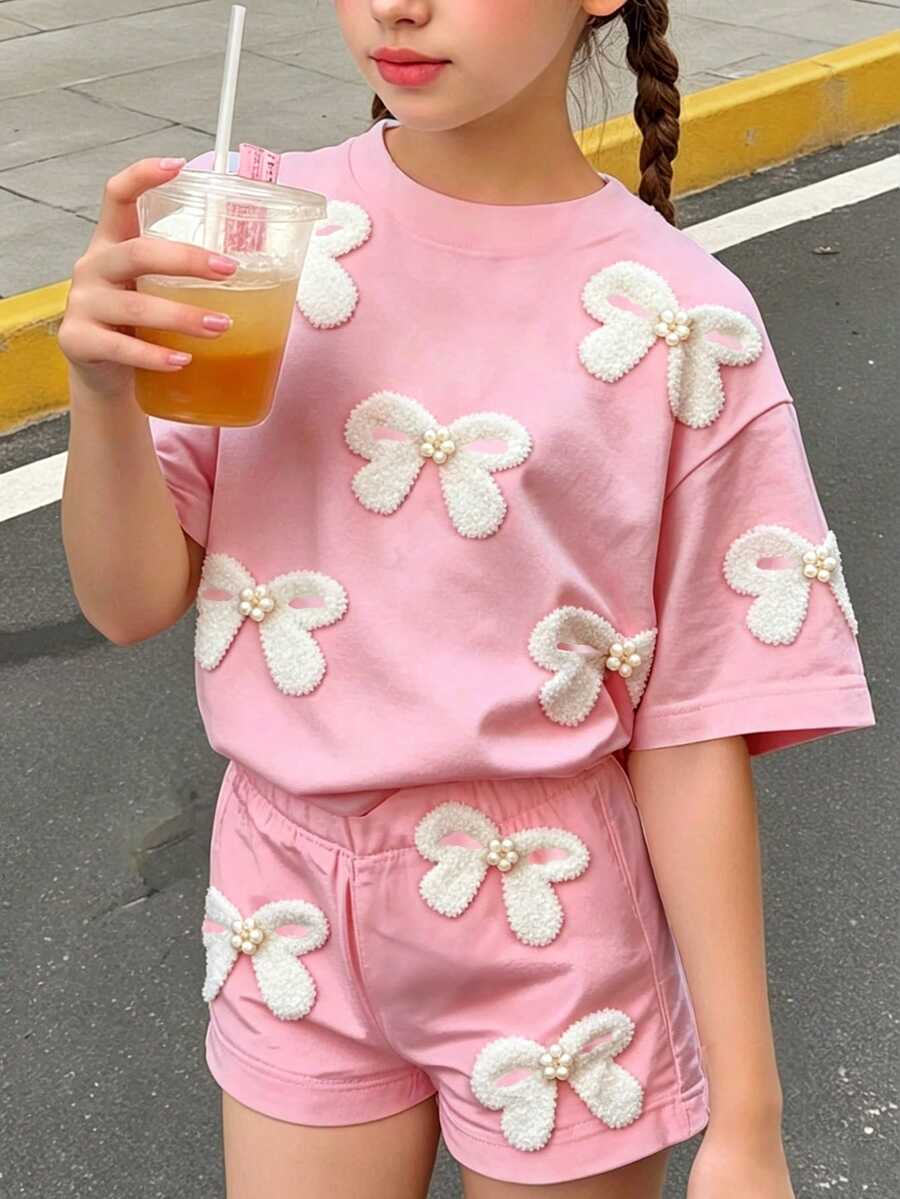 少女粉色甜美蝴蝶結圖案休閒可愛舒適圓領短袖T恤短褲兩件套,適合春夏日常穿著 - 彩色 - 查看 1
