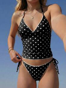 Swim Mod Summer Sweet Cherry Plaid Tank Bikini Set - Black and White - View 7