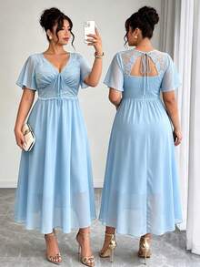 Elenzga Plus Size Women's Solid Color Chiffon Patchwork Waist-Cinched Slimming Shirred Back-Ruffle Open Back Short Sleeve Dress - Sky Blue - View 1