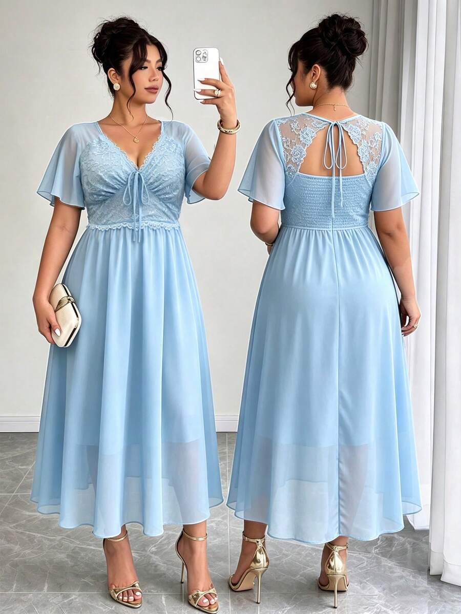 Elenzga Plus Size Women's Solid Color Chiffon Patchwork Waist-Cinched Slimming Shirred Back-Ruffle Open Back Short Sleeve Dress - Sky Blue - View 1